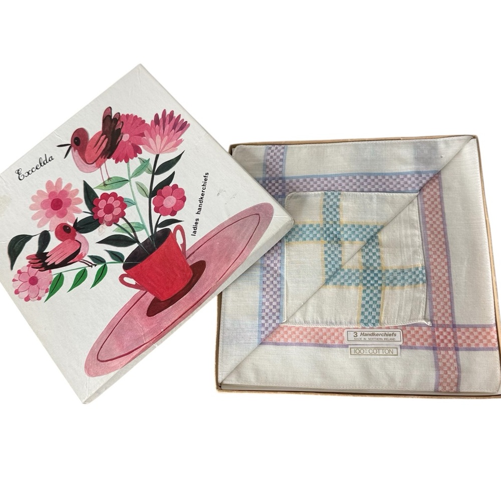 EXCELDA New In Box Vintage Ladies Handkerchiefs Set of 3 Gingham 100% Cotton